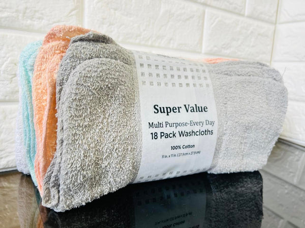 Super Value Multi Purpose-Every Day 18 Pack Washcloths - 100% Cotton, 11" x 11"
