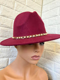 Nordstrom Women's Wide Brim hat with Gold & Pearl accent belt around the brim, one size, Burgundy