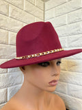Nordstrom Women's Wide Brim hat with Gold & Pearl accent belt around the brim, one size, Burgundy