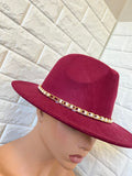Nordstrom Women's Wide Brim hat with Gold & Pearl accent belt around the brim, one size, Burgundy