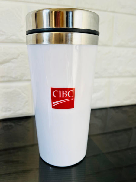 16 Oz Insulated Steel Travel Mug, White, Branded CIBC, Start your day off right with a nice cup of coffee for your morning drive.