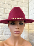 Nordstrom Women's Wide Brim hat with Gold & Pearl accent belt around the brim, one size, Burgundy
