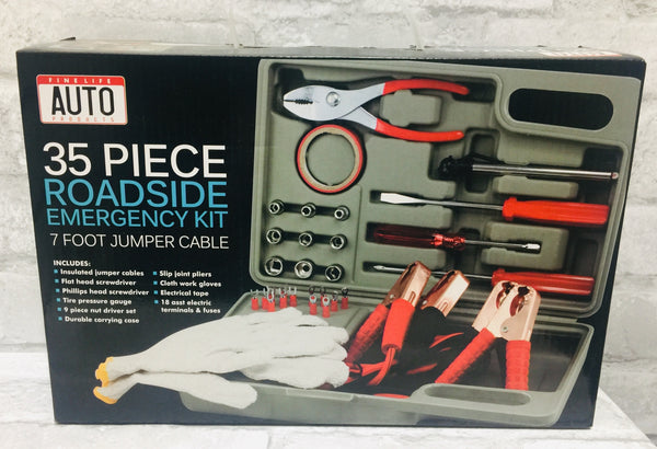 Brand new in package! 35 Piece Roadside Emergency Kit with 7 Foot jumper cables! Includes all the essentials for emergencies!