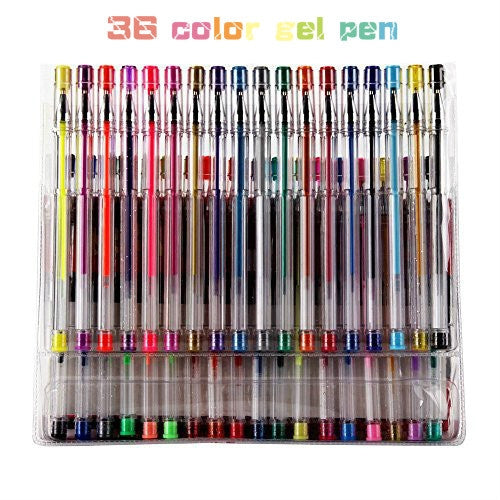 New in plastic case! Set of 36 Gel Pens! Includes 12 Metallic, 12 Glitter, 6 Neon & 6 Pastel! Case has slight damage!