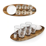 New in box Cantinero 6-Shot Glass Serving Set, beautiful acacia wood tray with designated carved indents for components, branded etching Manulife, Retails $100+