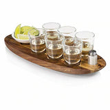 New in box Cantinero 6-Shot Glass Serving Set, beautiful acacia wood tray with designated carved indents for components, branded etching Manulife, Retails $100+