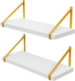 Amada White Floating Shelves Wall Mounted Set of 2, Modern Wall Shelf with Golden Metal Brackets, Perfect Decoration Display Faux Wood Shelves for Bedroom, Bathroom, Living Room, etc