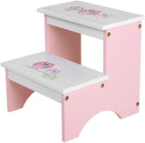 SONGMICS Toddler 2 Step Stool Kid Wood Owl Theme in Bathroom Closet Kitchen, Pink White ULKF02PK