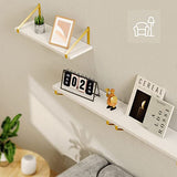 Amada White Floating Shelves Wall Mounted Set of 2, Modern Wall Shelf with Golden Metal Brackets, Perfect Decoration Display Faux Wood Shelves for Bedroom, Bathroom, Living Room, etc