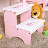 SONGMICS Toddler 2 Step Stool Kid Wood Owl Theme in Bathroom Closet Kitchen, Pink White ULKF02PK