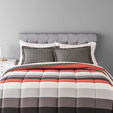Amazon Basics 7-Piece Lightweight Microfiber Bed-In-A-Bag Comforter Bedding Set - Full/Queen, Red Simple Stripe