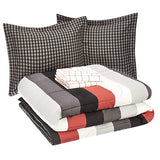 Amazon Basics 7-Piece Lightweight Microfiber Bed-In-A-Bag Comforter Bedding Set - Full/Queen, Red Simple Stripe