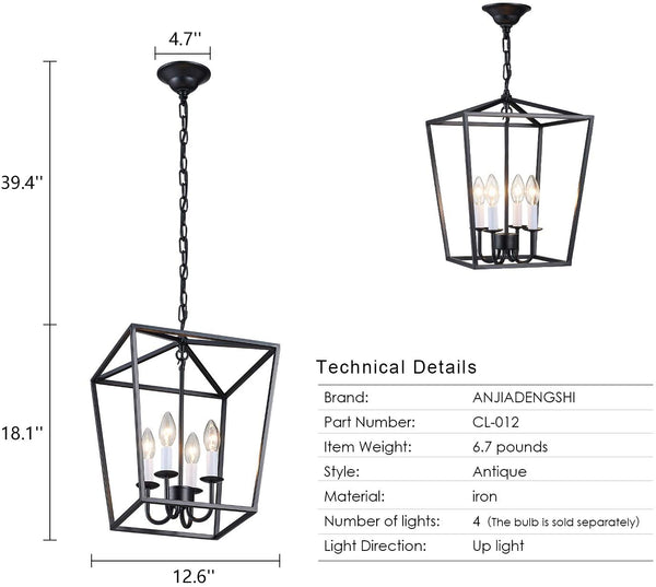 Industrial Matte Black Hanging Iron Caged 4 Light Pendant Chandelier! L12.6" x W12.6" x H18.1"