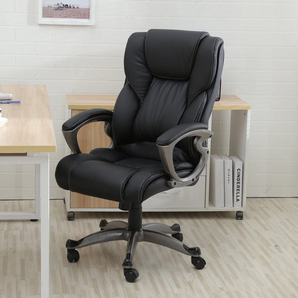 Belleze High Back Executive PU Leather Office Chair, Black! Full Size sit back & Relax, Lumbar Support, Smooth sliding gliders, Tilt & More!