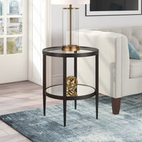 Abington Glass Top End Table with Storage in Blackened bronze by Ebern Designs! Retails $162+ on Sale!