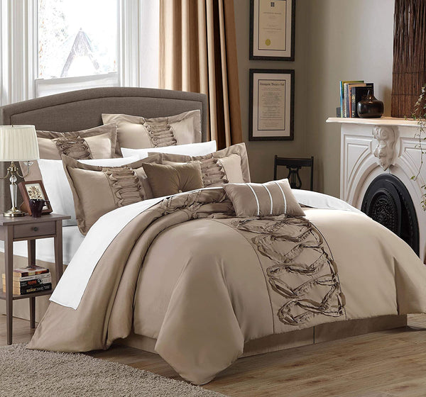 Bed in a Bag! Chic Home 8-Piece Ruth Ruffled Comforter Set, Queen, Taupe