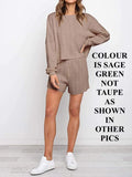 New FARORO Women's 2 Piece Knit Outfits Casual Long Sleeve Tops and Shorts Pajama Set Pullover Loungewear Set, Sz S! NOTE: Colour is Sage Green NOT Taupe