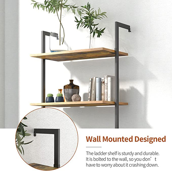 NIB! 5-TIER INDUSTRIAL WOOD & METAL LADDER WALL MOUNTED BOOKCASE