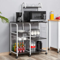 New in box! Homfa Kitchen Baker's Racks, Rolling Microwave Cart, 35.5" Utility Storage Shelf, Multi-Tier Kitchen Cart Organizer Workstation with 10 Hooks and Wire Basket, White and Black Finish