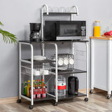 New in box! Homfa Kitchen Baker's Racks, Rolling Microwave Cart, 35.5" Utility Storage Shelf, Multi-Tier Kitchen Cart Organizer Workstation with 10 Hooks and Wire Basket, White and Black Finish