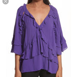 New Women's IRO Abby purple ruffle shirt in 100% Viscose silk, Sz 10/12, Retails $265+