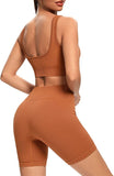 New Janprint 2-Piece Seamless Ribbed High Waist Athletic Shorts & Sports Bra, Brown, Sz S!