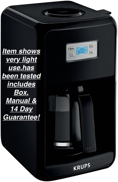 KRUPS EC3110 12-Cup Glass Carafe Programmable Coffee Maker, Black! Item shows Light Use, Tested, Includes Box, Manual & 14 Day Guarantee!