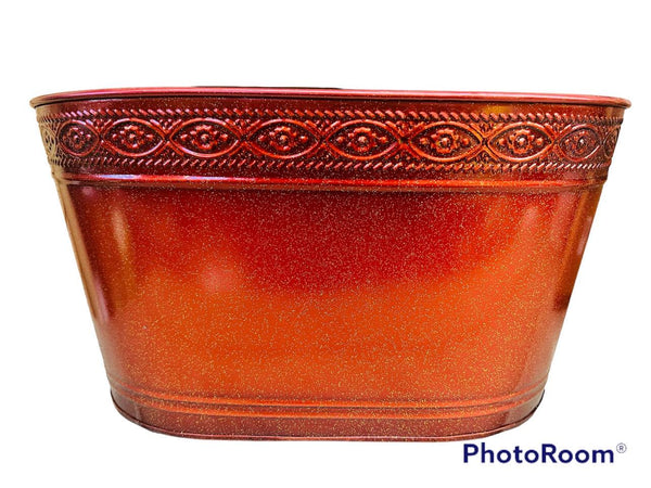 Oval Metal- Red- Design on rim Tin Decor Basket! Indoor/Outdoor N5908 Great for Decor or outdoors garden