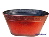 Oval Metal- Red- Design on rim Tin Decor Basket! Indoor/Outdoor N5908 Great for Decor or outdoors garden