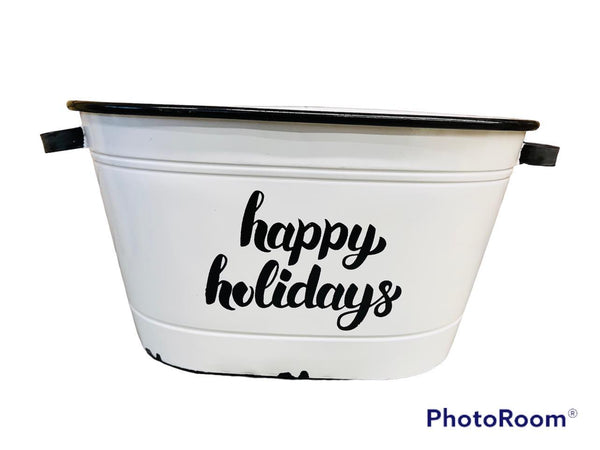 Oval Metal- White with black rim & handles Happy Holidays Decor N6494