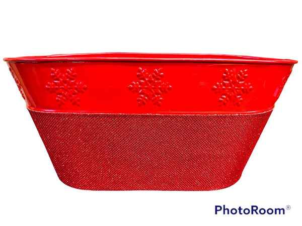 Oval Metal- Red Sparkle Tin- Snowflake Design on rim N6887
