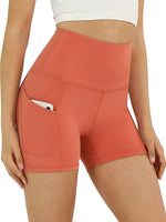 New with tags! Great Quality ODODOS Women's High Waist Shorts with Pockets Tummy Control Non See Through Workout Running Yoga Shorts in Coral, Sz L!