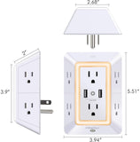 New USB Wall Charger, Surge Protector, POWRUI 6-Outlet Extender with 2 USB Charging Ports (2.4A Total) and Night Light, 3-Sided Power Strip with Adapter Spaced Outlets - White，ETL Listed