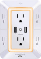 New USB Wall Charger, Surge Protector, POWRUI 6-Outlet Extender with 2 USB Charging Ports (2.4A Total) and Night Light, 3-Sided Power Strip with Adapter Spaced Outlets - White，ETL Listed