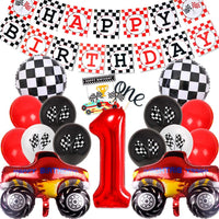 Meuparty Racing Car 1st Birthday Decorations Cars 1st Birthday Party Supplies Happy Birthday Banner Monster Truck Number 1 Foil Balloon Cupcake Toppers