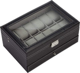 New Readaeer Black Leather Watch Box Jewelry Display Case with Drawer, Jewelry Box for Men & Women (12 Slots with 2 Layers)