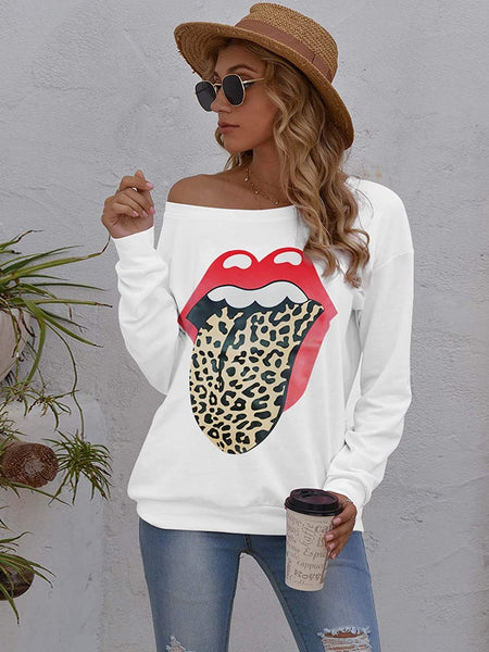 New SENFURE Womens Red Lips Leopard Print Lightweight off shoulder Sweatshirt, Sz XXL!
