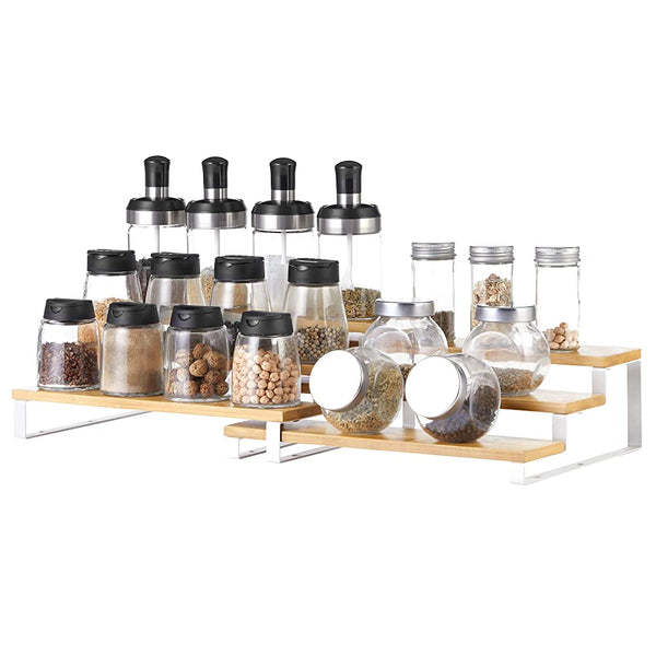 New SONGMICS Set of 2 Cabinet Shelf Organizers, great as a 3-Tier Extendable Spice Holder, Bamboo, Stackable, for Pantry, Cupboard, Countertop, Natural and White, Spices Not included!