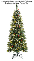 New in box! Costway 5ft Pre-lit Artificial Hinged Pencil Christmas Tree Decorated Snow Flocked Tips Retails $252+