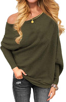 New VOIANLIMO Women's Off Shoulder Knit Long Sleeve Pullover Baggy Solid Sweater in Olive, Sz M!