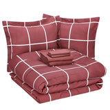 New Amazon Basics 7-Piece Lightweight Microfiber Bed-In-A-Bag Comforter Bedding Set - Full/Queen, Burgundy Simple Plaid, Sz Full/Queen