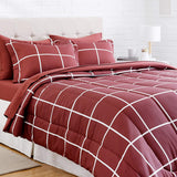 New Amazon Basics 7-Piece Lightweight Microfiber Bed-In-A-Bag Comforter Bedding Set - Full/Queen, Burgundy Simple Plaid, Sz Full/Queen