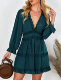 New AILUNSNIKA Womens Boho V Neck Short Ruffles Casual Backless Swing Skater Dress in Emerald Green, Sz L!
