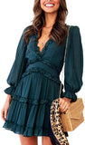 New AILUNSNIKA Womens Boho V Neck Short Ruffles Casual Backless Swing Skater Dress in Emerald Green, Sz L!
