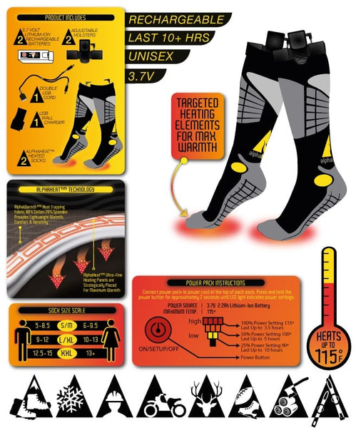 Brand new in package! Alphaheat Heated Socks, Unisex! L/XL! Fits Men 9-12 & Women 10-13!