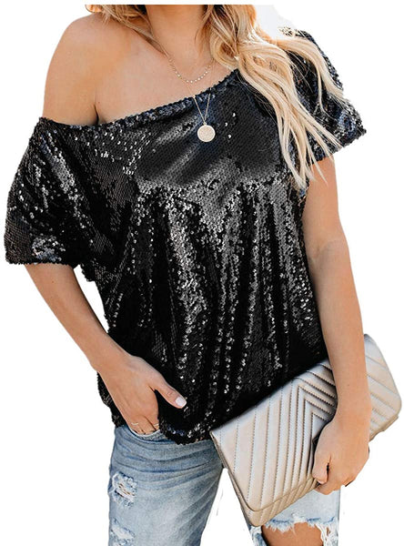 New with tags! ANNA-KACI Womens Short Sleeve One Shoulder Sexy Sequin Top Blouse, Black, Sz M!