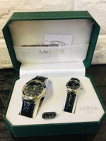 New in Keepsake box! Anriya Milan Vintage Collection His/Hers Wristwatch Set! Black Textured Band, Black Face! New batteries in both!