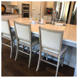 Great Quality Set of 2 Farmhouse Solid Distressed Acacia Wood Ash Finish Counter Stools with plush cream upholstery & nailhead trim! Retails $407 W/Tax!