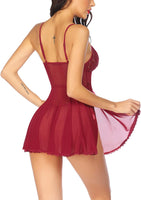 New Avidlove Women Lace Babydoll Sexy Lingerie Dress Strappy Chemise V Neck Nightgown Mesh Sleepwear Nightwear, deep red, Sz L