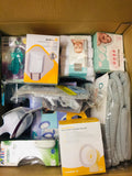 Box Lot of 28 Baby items!! Great Variety!! Lansinoh Double Electric Breast pump, wash cloths, safety plugs, crib protection from biting, nipples, teethers & much more!